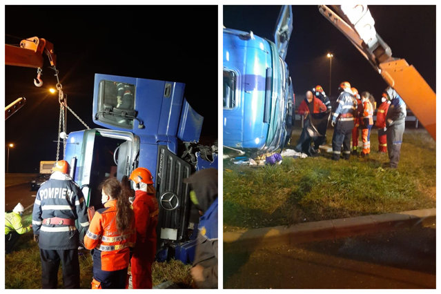TIR răsturnat pe autostrada A1, în Hunedoara. Şoferul a murit strivit în cabină