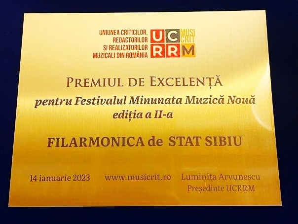 Filarmonica din Sibiu a primit premiul de excelenţă al UCRRM pentru „Minunata Muzică Nouă”