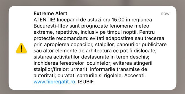 Fenomene meteo extreme. Mesaje RoAlert pentru locuitorii din Bucureşti şi Ilfov