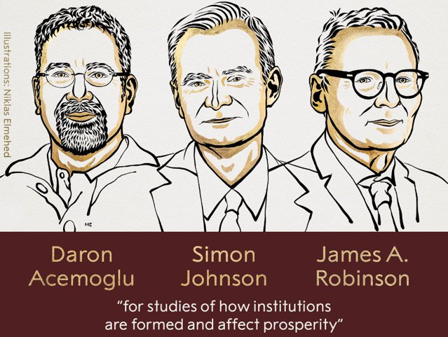 Premiul Nobel pentru Economie 2024 a fost acordat luni economiştilor Daron Acemoglu, Simon Johnson şi James Robinson