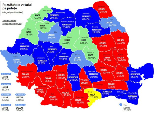 Rezultate alegeri prezidenţiale pe judeţe. Fiefuri PNL, câştigate de Călin Georgescu. Ciolacu are 16 judeţe, Lasconi - Capitala şi 4 judeţe