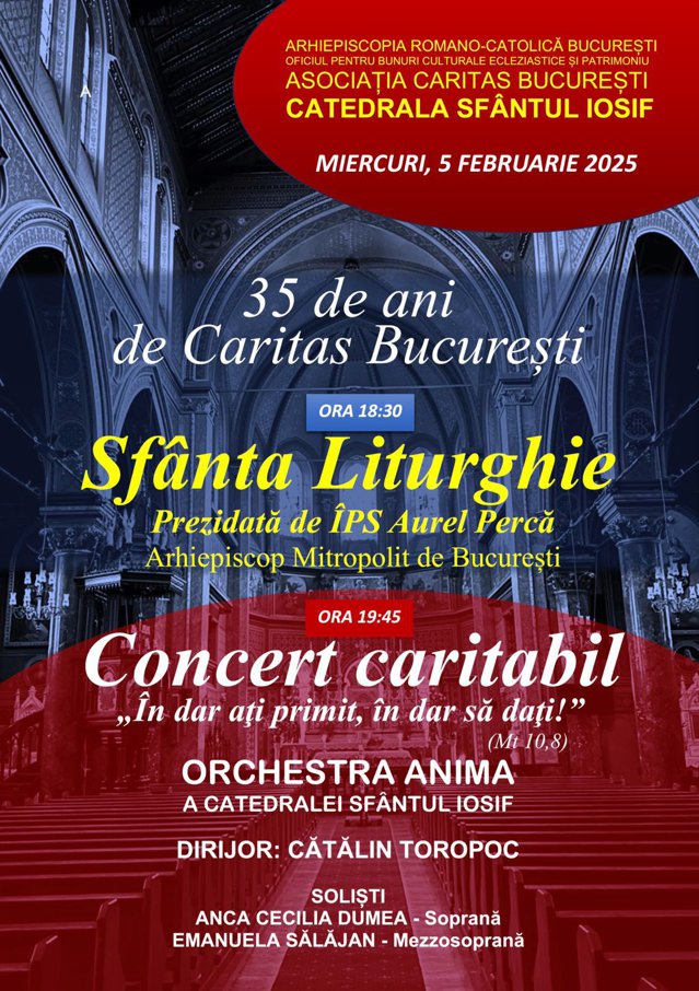 Caritas Bucureşti celebrează 35 de ani de activitate printr-un eveniment special la Catedrala Sfântul Iosif, pe 5 februarie