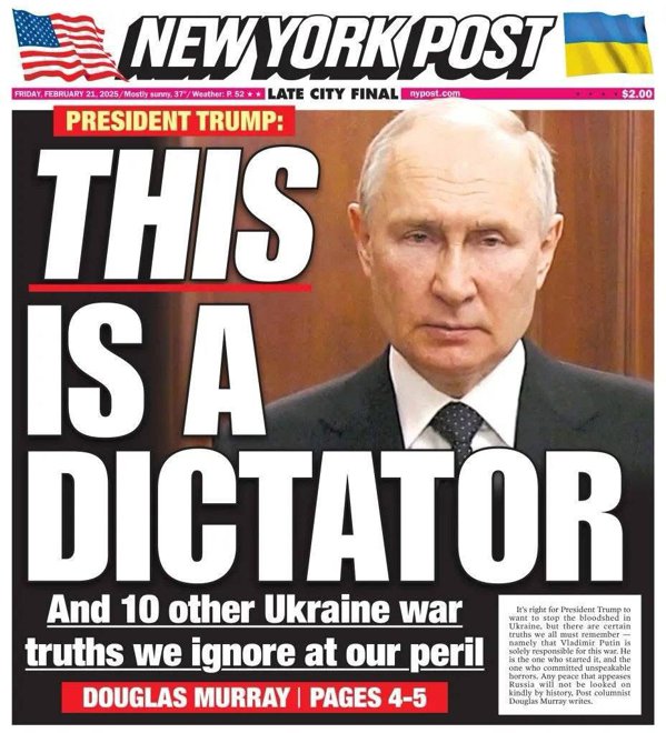 New York Post, ziarul preferat al lui Trump, îi reaminteşte că Putin a început războiul din Ucraina: „Acesta este un dictator”