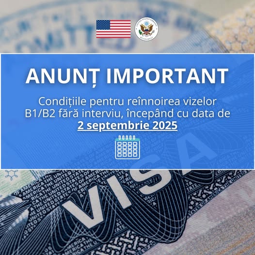 Condiții privind solicitarea unei noi vize prin curier, fără a susține interviu. Anunțul făcut de Ambasada SUA în România