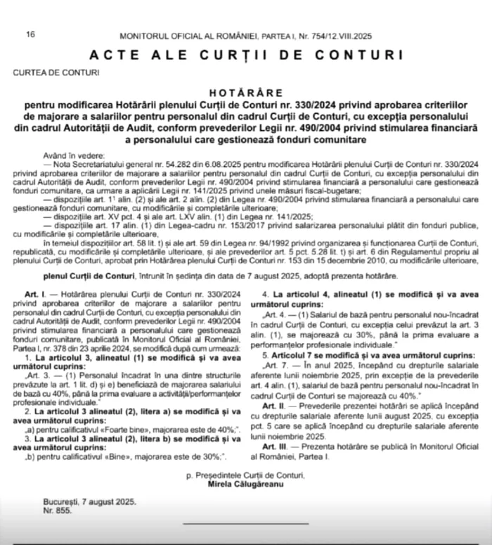 Curtea de Conturi și-a redus sporurile, deși o hotărâre publicată în Monitorul Oficial se referă la majorarea salariilor personalului care se ocupă de fonduri europene