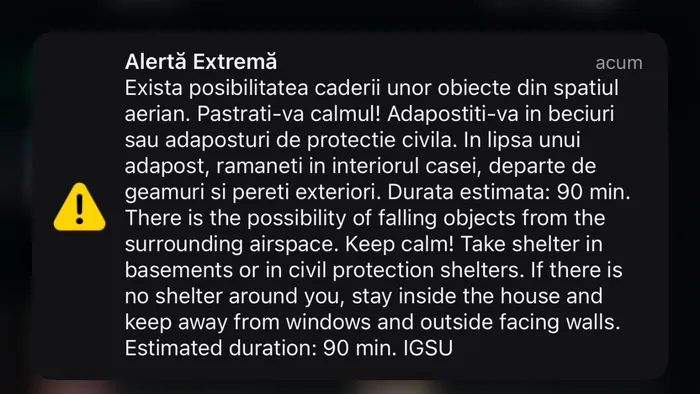 RO-Alert în județul Tulcea: cetățenii au fost avertizați că există posibilitatea căderii unor obiecte din spațiul aerian
