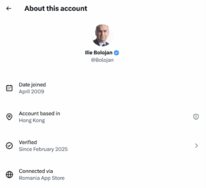 Contul oficial al premierului Ilie Bolojan, localizat în Hong Kong