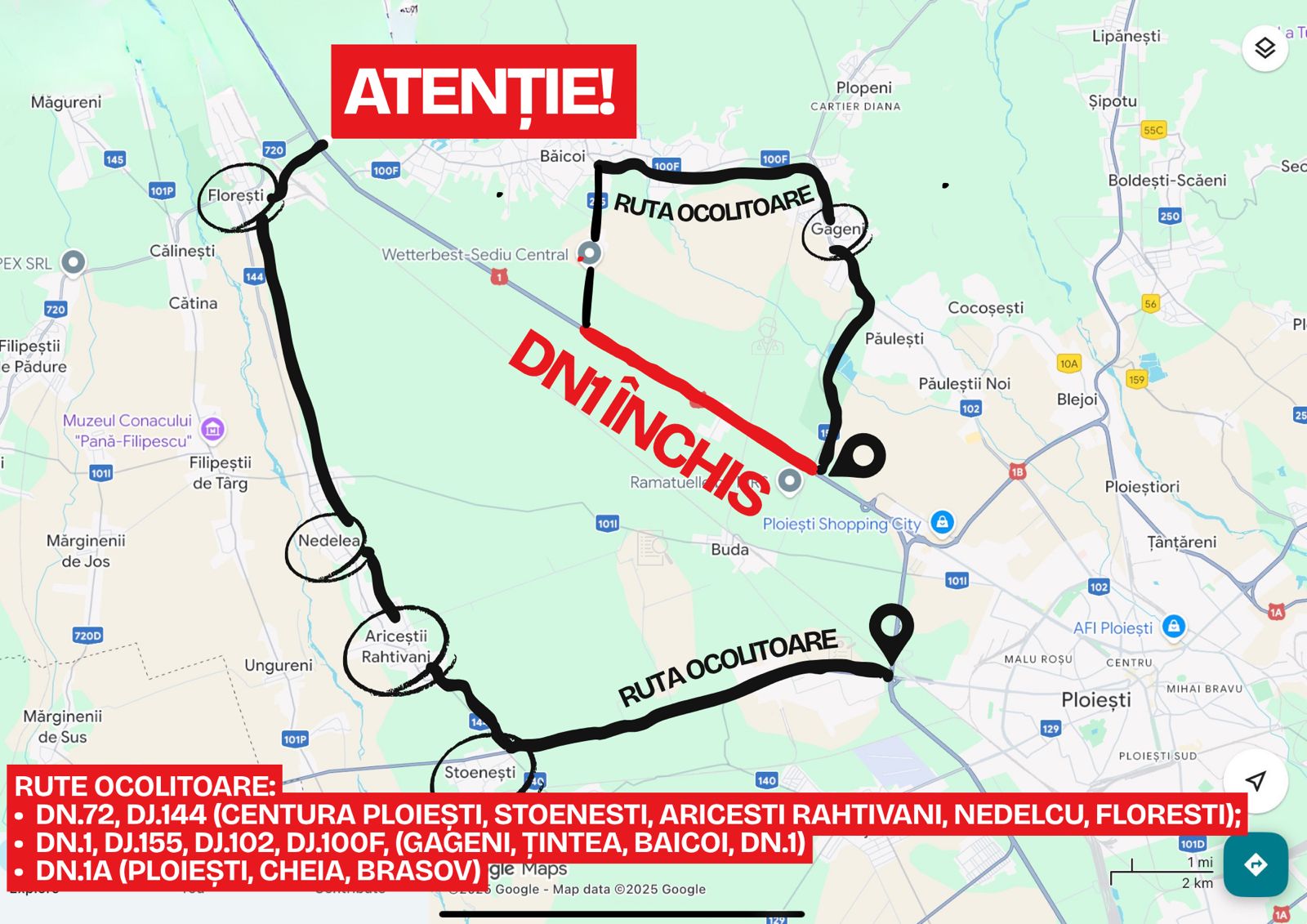 Se închide circulația pe DN1. Care sunt rutele alternative