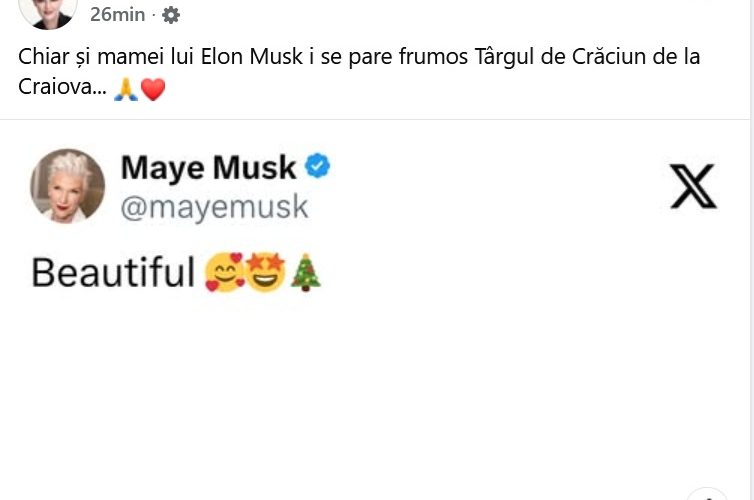 Mama lui Elon Musk, despre o postare cu Târgul de Crăciun din Craiova: Beautiful
