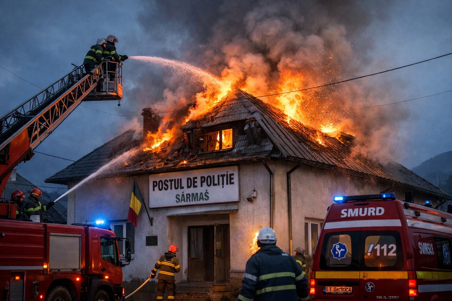 Intervenție la Sărmaș după ce un incendiu a izbucnit la postul de poliție