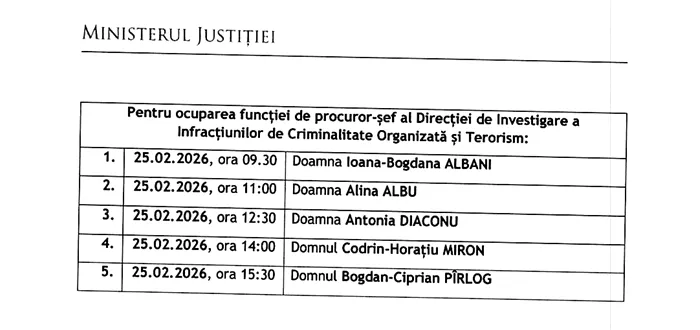 5 procurori care candidează pentru funcția de procuror-șef DIICOT susțin interviurile la Ministerul Justiției