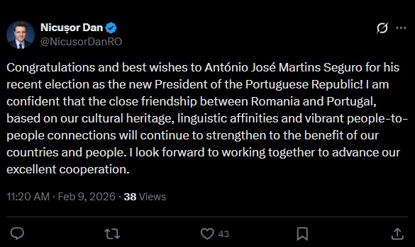 Nicușor Dan îl felicită pe noul președinte al Portugaliei și subliniază relația strânsă dintre cele două țări