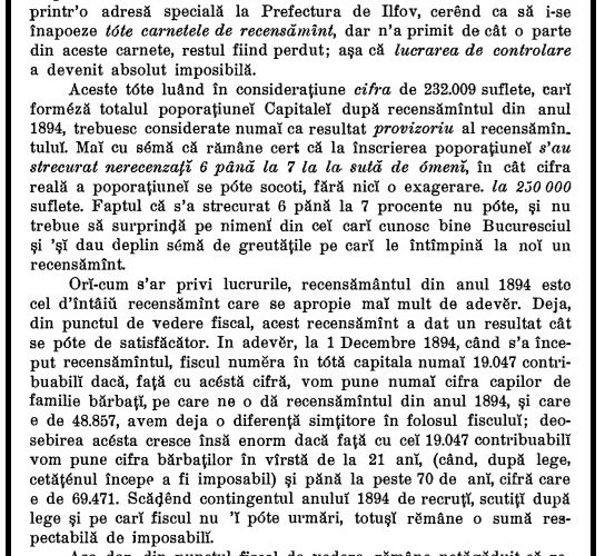 Primul anuar al Capitalei, după ce recensământul din 1894 a identificat „o sumă respectabilă de imposabili”. „Avem deja o diferență simțitore în folosul fiscului”. Evoluția populației