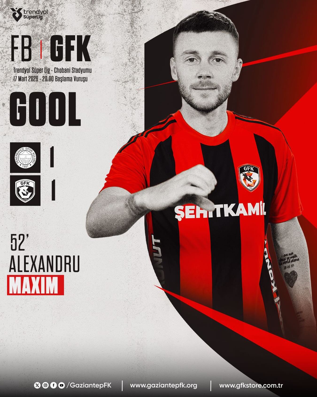 Alexandru Maxim marchează împotriva lui Fenerbahce, dar Gaziantep pierde meciul din SuperLig