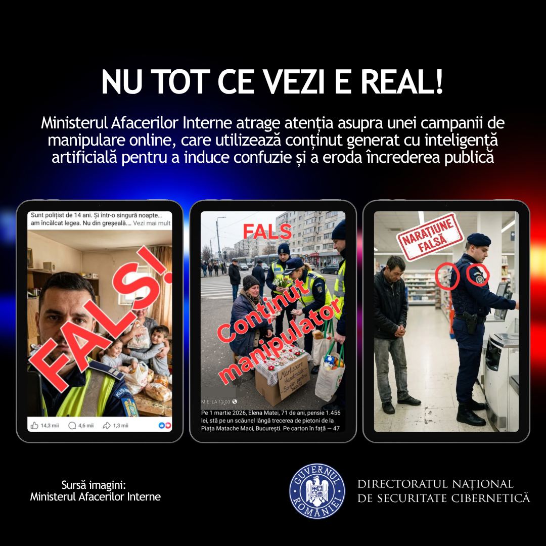 Campanie de influențare cu personaje AI, prezentate ca polițiști sau jandarmi. DNSC: „Exploatează emoțiile”