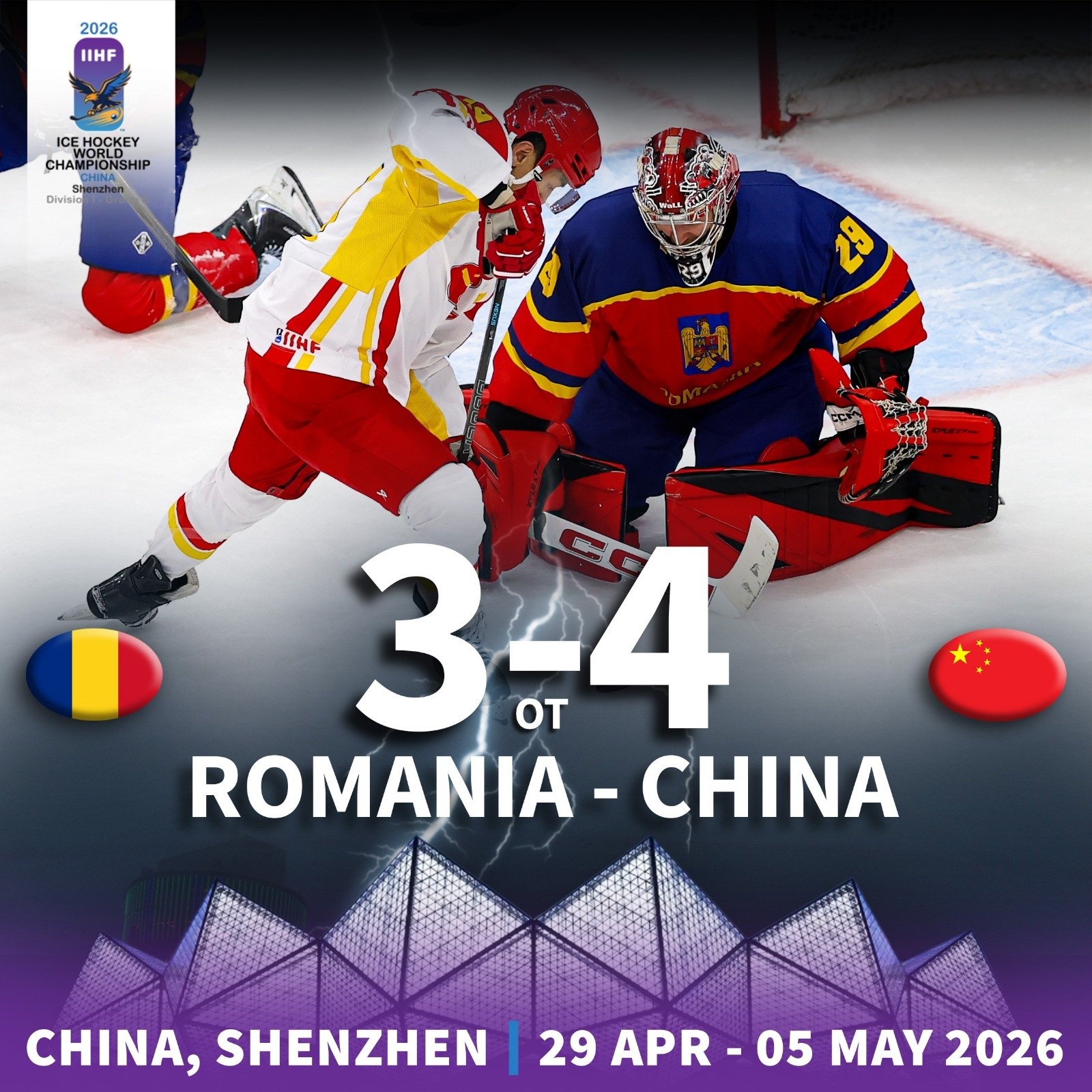 România pierde după prelungiri cu China, la Campionatul Mondial de hochei pe gheață I/B