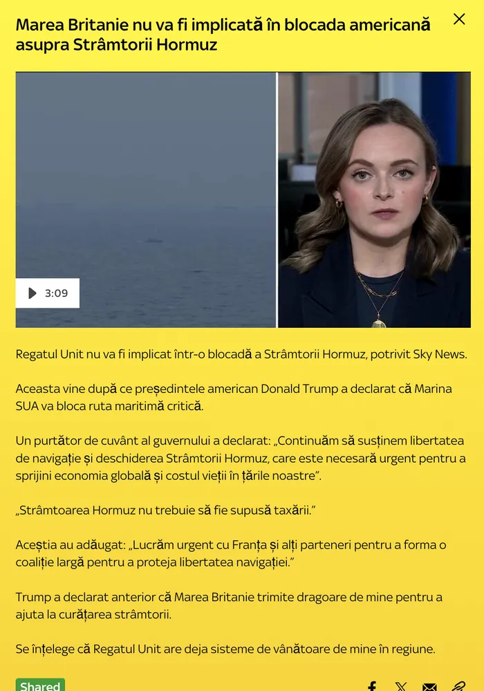 Sky News îl contrazice pe Trump: Marea Britanie nu va participa la blocada Strâmtorii Ormuz