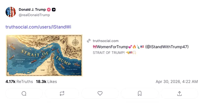 „Strâmtoarea lui Trump”. Președintele SUA publică o hartă în care a schimbat numele Strâmtorii Ormuz