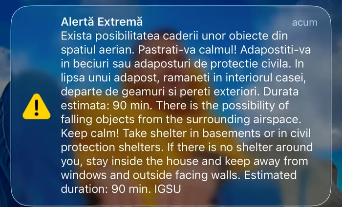 Un nou mesaj RO-Alert pentru nordul județului Tulcea. Populația, avertizată privind posibila cădere a unor obiecte din spațiul aerian