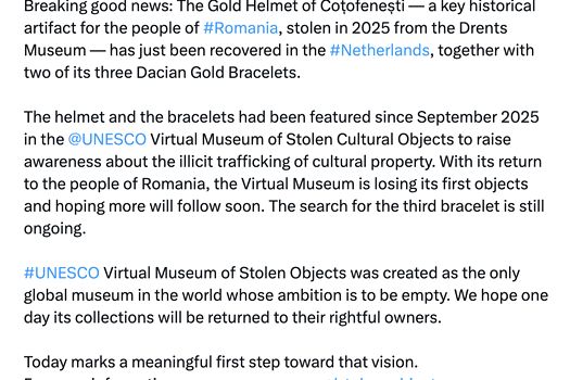 UNESCO, în „breaking good news”: scoate Coiful de la Coțofenești din Muzeul Virtual al Obiectelor Culturale Furate. Extaz în presa internațională