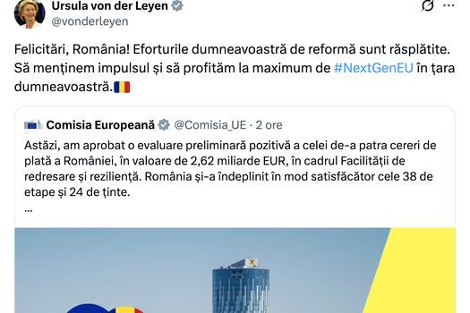 Ursula von der Leyen, mesaj pentru România: „Felicitări! Eforturile voastre de reformă sunt răsplătite”. CE a aprobat a patra cerere a României de 2,62 miliarde de euro din PNRR
