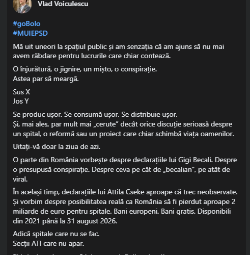 Vlad Voiculescu, consilier prezidențial, derapaj obscen pe Facebook: „#M***PSD”. Postarea a fost editată la scurt timp