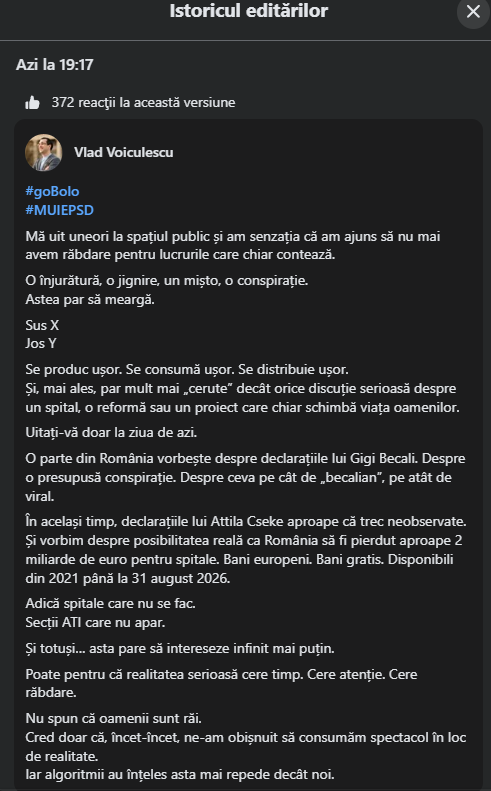 Vlad Voiculescu, consilier prezidențial, derapaj obscen pe Facebook: „#M***PSD”. Postarea a fost editată la scurt timp