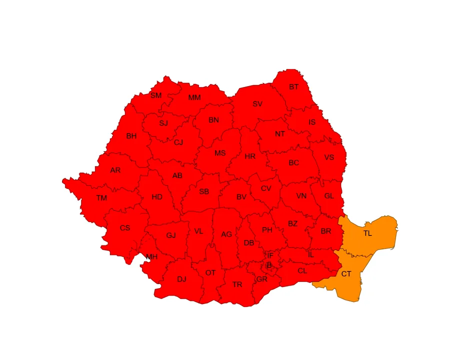 ANM: Cod roșu de temperaturi extreme în aproape toată țara până miercuri dimineața. Avertizări de instabilitate atmosferică