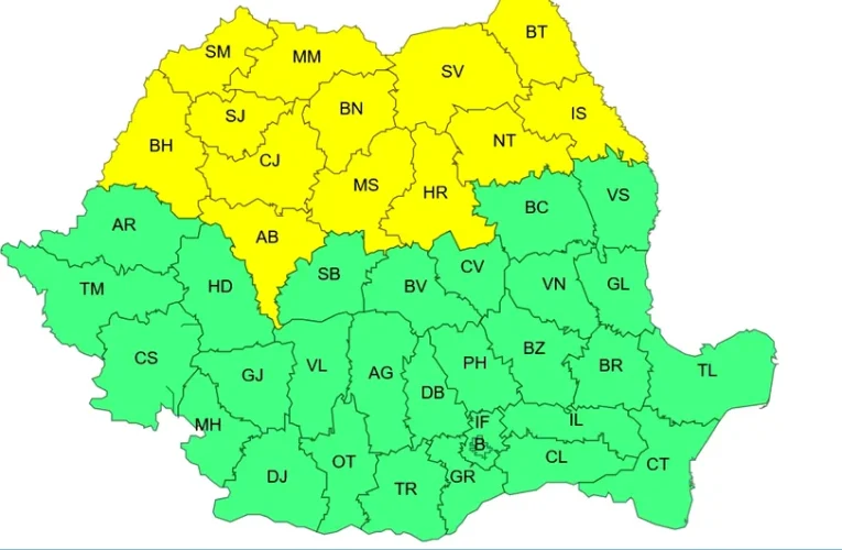 Cod galben de ploi, vânt și grindină în 13 județe
