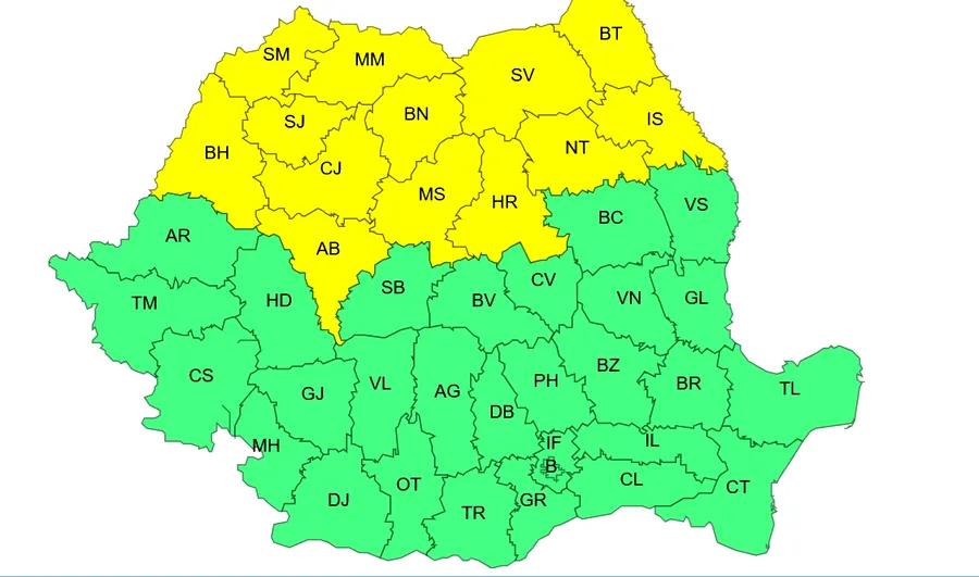 Cod galben de ploi, vânt și grindină în 13 județe