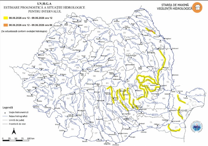 Cod galben și Cod portocaliu de inundații pentru mai multe bazine hidrografice din țară