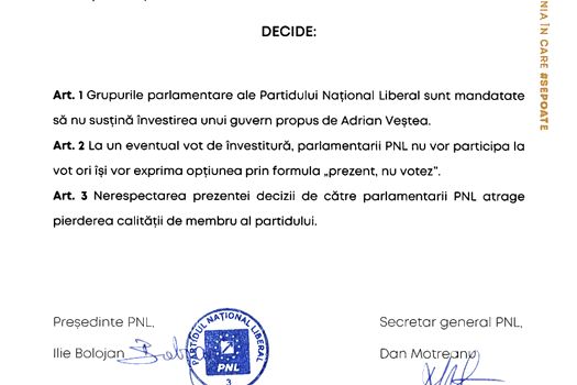 (DOCUMENTE)Deciziile lui Ilie Bolojan, prin care a cerut să nu fie votat Adrian Veștea și a amenințat liberalii cu excluderea, suspendate executoriu de Tribunalul Ilfov. Mediafax publică documentele PNL invalidate de instanță