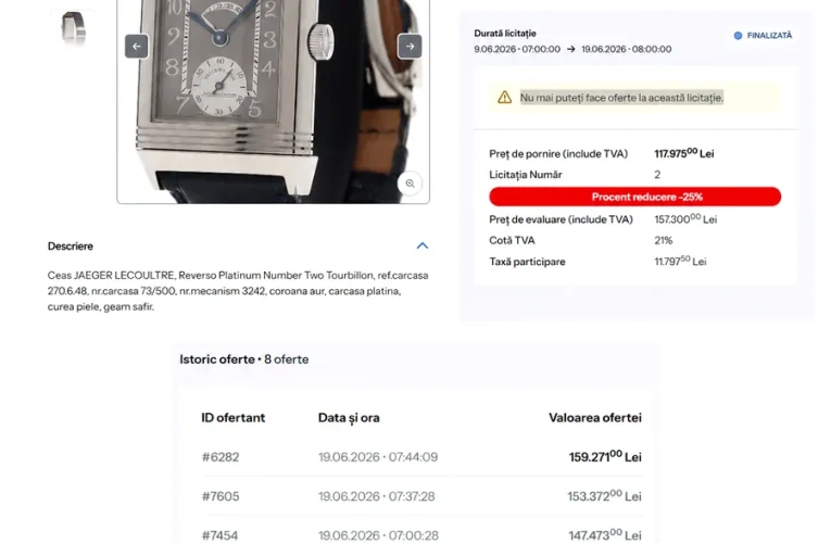 Licitație ANAF cu semne de întrebare: ceas de lux evaluat pe piață la până la 68.000 de euro, adjudecat cu 159.271 de lei. Participanții reclamă că site-ul a picat în momentele decisive ale licitației