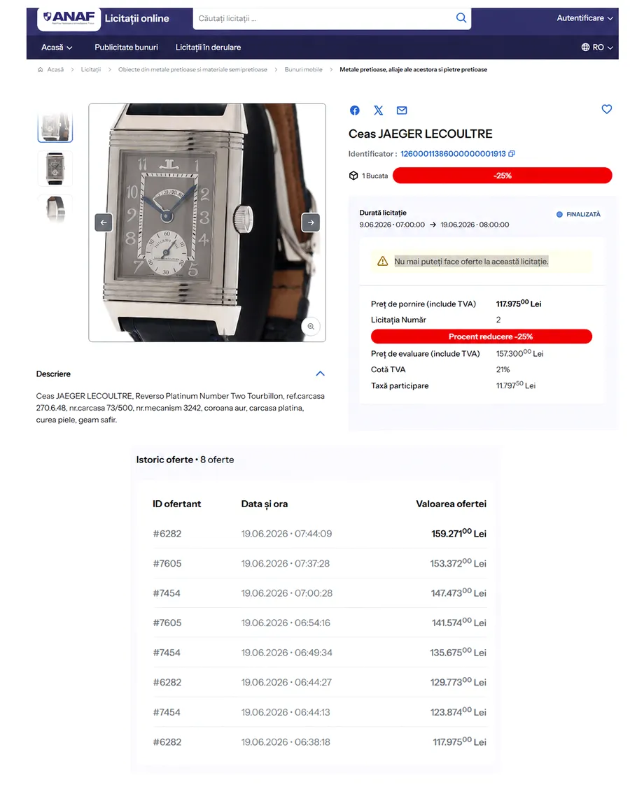 Licitație ANAF cu semne de întrebare: ceas de lux evaluat pe piață la până la 68.000 de euro, adjudecat cu 159.271 de lei. Participanții reclamă că site-ul a picat în momentele decisive ale licitației