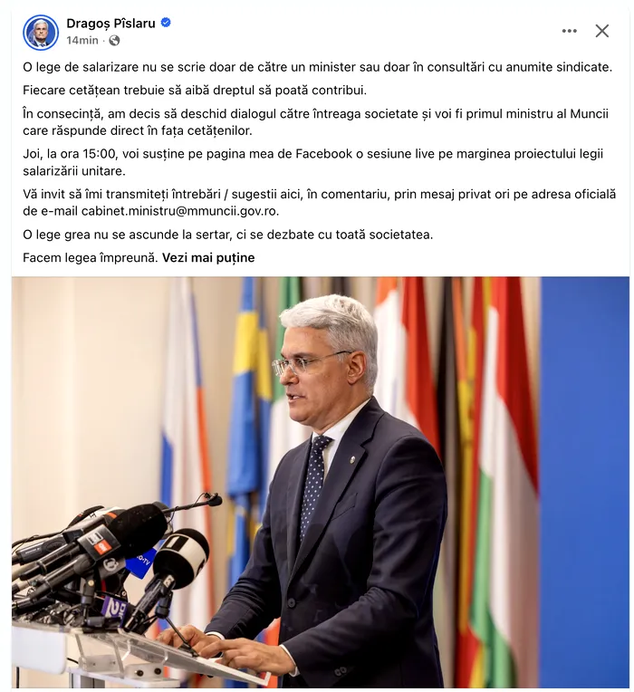 Ministrul Pîslaru face sesiune live pe Facebook pe Legea salarizării, după ce proiectul a fost respins de sindicate