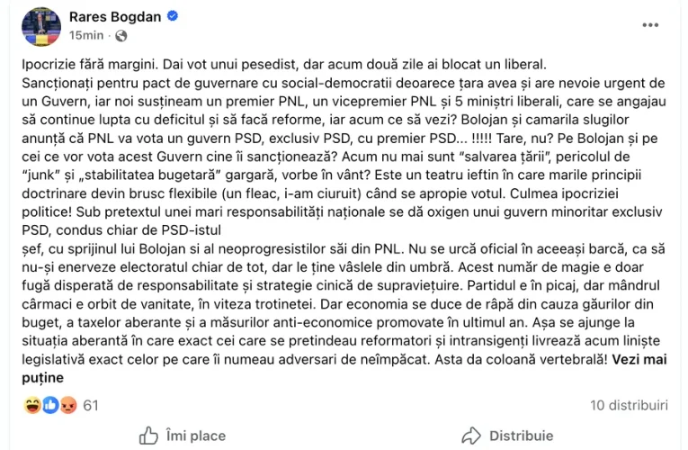 „Tare, nu?”. Rareș Bogdan și alți liberali îi reproșează lui Ilie Bolojan lipsa de consecvență politică: votează PSD, după ce a respins un premier PNL