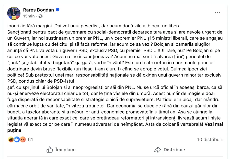 „Tare, nu?”. Rareș Bogdan și alți liberali îi reproșează lui Ilie Bolojan lipsa de consecvență politică: votează PSD, după ce a respins un premier PNL