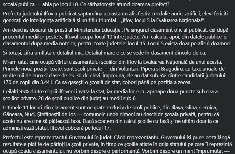 Cynthia Păun (USR): Primele nouă școli din Ilfov la Evaluarea Națională sunt private. Prima școală de stat apare abia pe locul 10