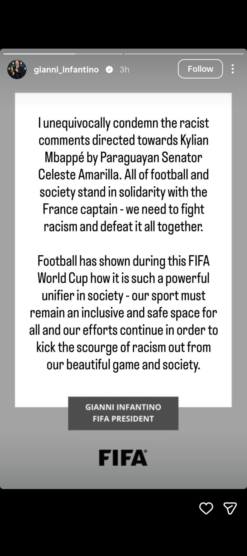 Gianni Infantino îi ia apărarea lui Kylian Mbappé, după ce starul francez a fost ținta unui atac rasist al unei senatoare din Paraguay
