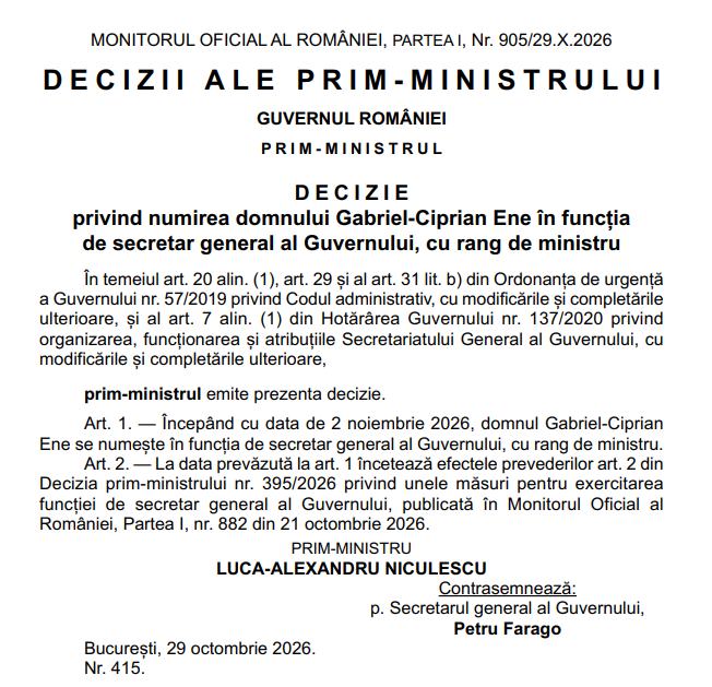 Gabriel Ciprian Ene a fost numit secretar general al Guvernului