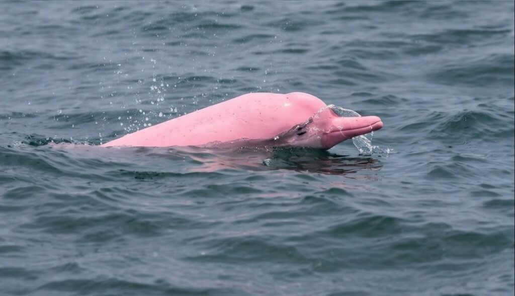 Un delfin roz, filmat Ã®n largul coastelor Omanului, a devenit viral. SpecialiÈtii explicÄ de ce are aceastÄ culoare neobiÈnuitÄ